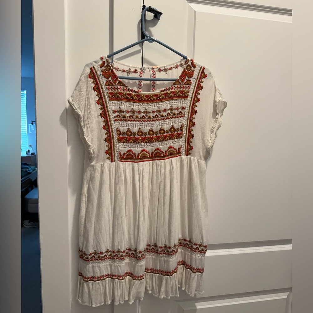Free People White and Red Embroidered Mini Dress